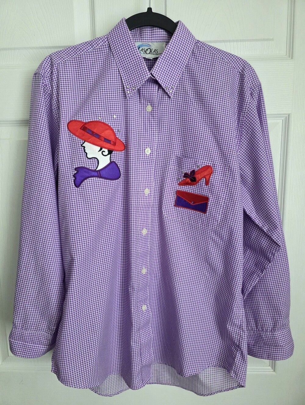VTG 90s Red Hat Society Purple Check Button Top With Motifs Size Small